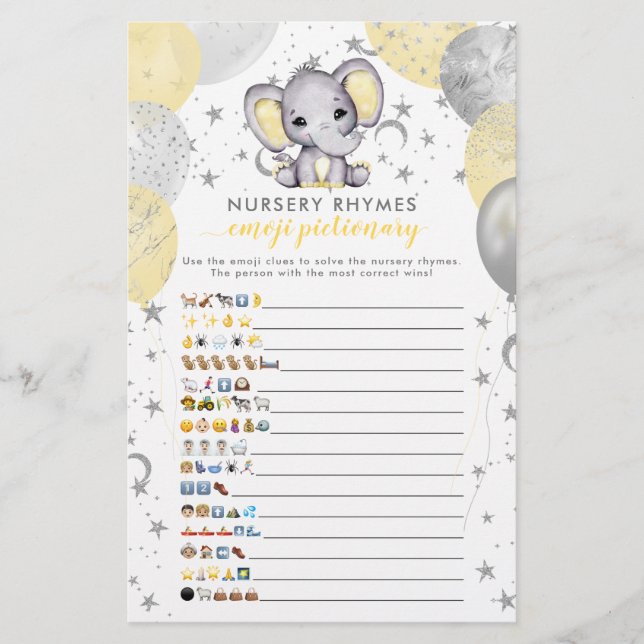 Emoji Pictionary Yellow Elephant Baby Shower Game (Front)