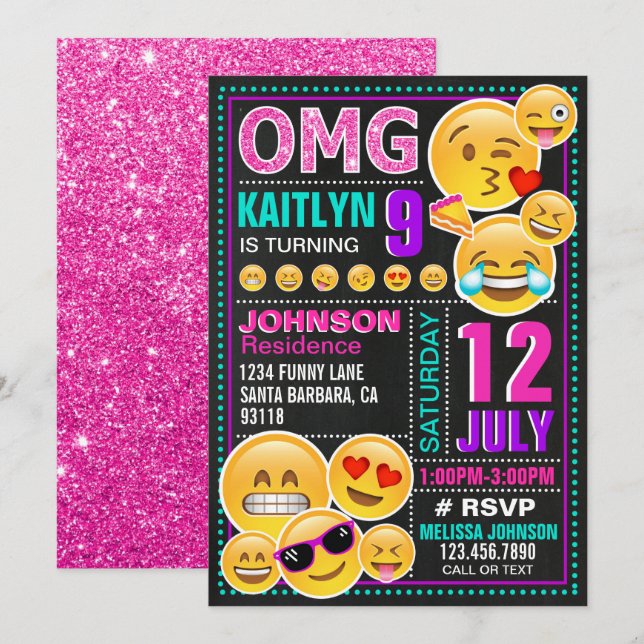 Emoji Pink Glitter Birthday Invitation (Front/Back)