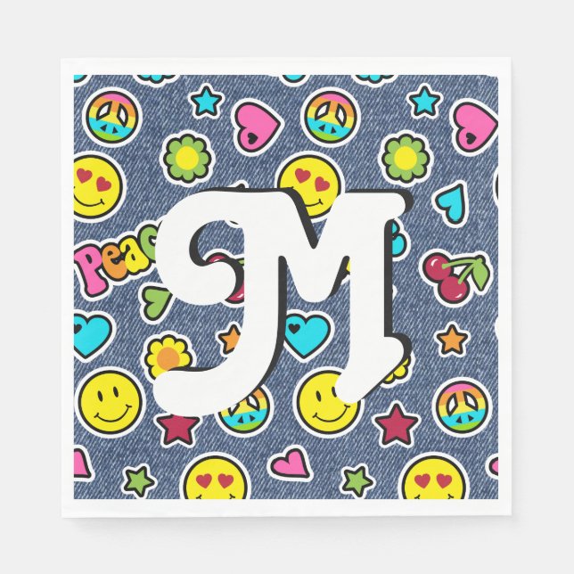 Emoji Smile Denim Girl Bday Party Napkins letter M (Front)