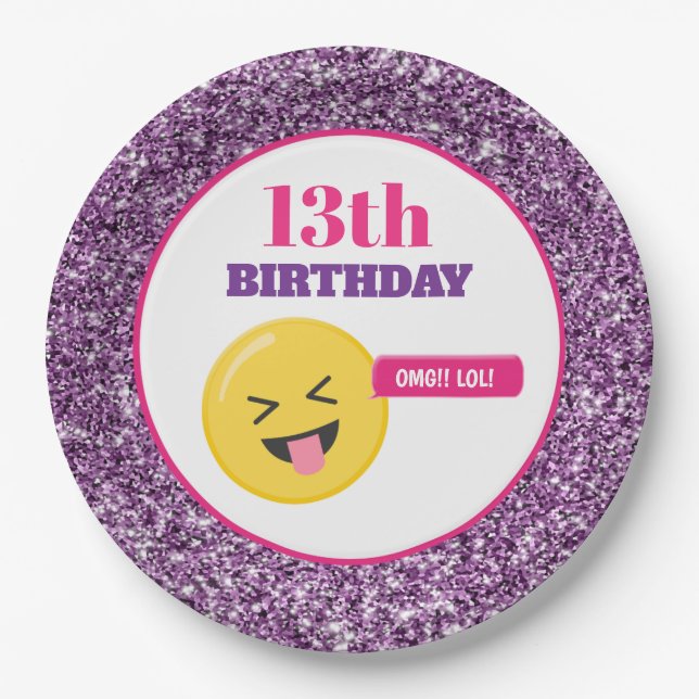 Emoji Teen Birthday Purple Glitter Paper Plates (Front)