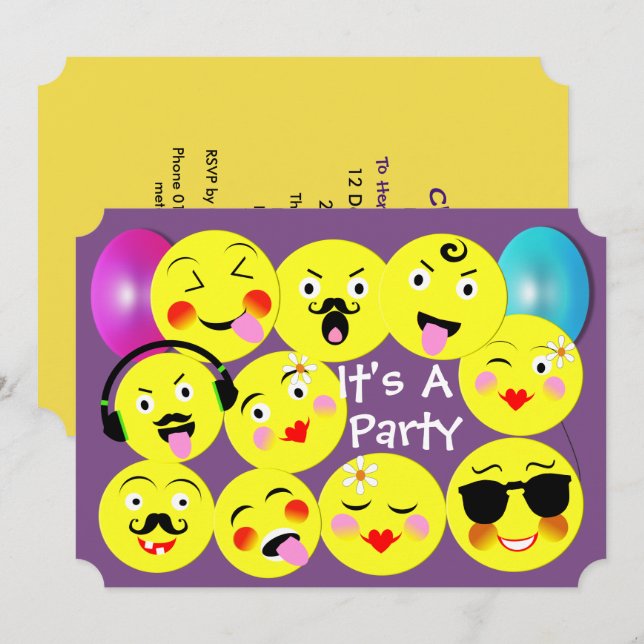 Emoticon Funny Cute Trendy Faces Party Invitation (Front/Back)
