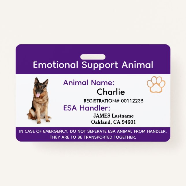 Emotional Support Animal ESA ID One Photo Badge ID Badge (Front)