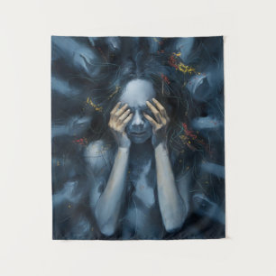 Emotive Abstract Portrait – Surreal Blue Art Tapestry