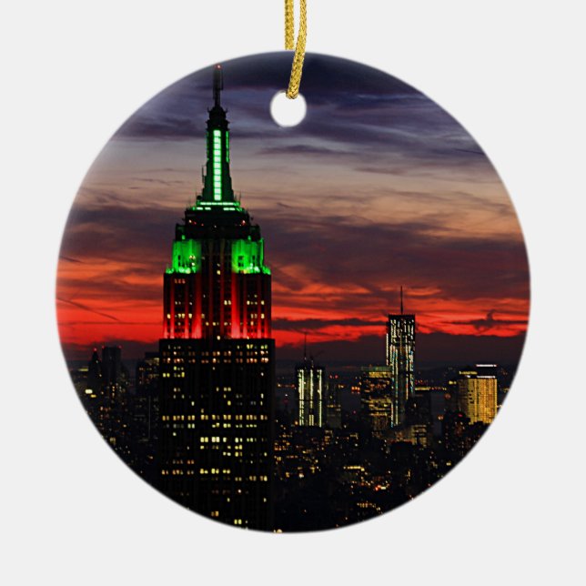Emp St Building - Christmas Colours Sunset 02 Ceramic Tree Decoration (Front)