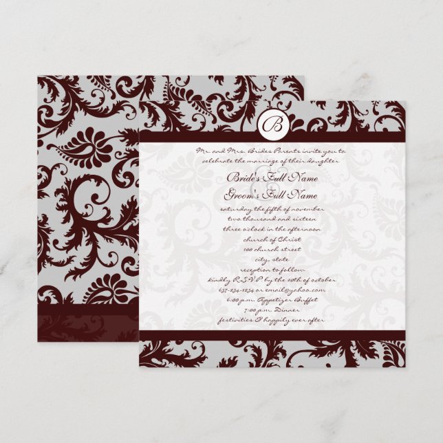 Emperator Chocolate Brown Damask Wedding Invite (Front/Back)