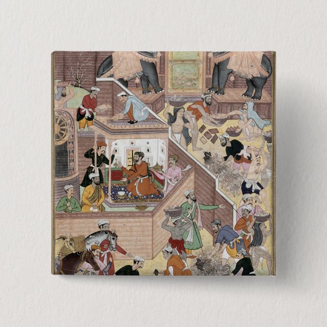 Emperor Akbar (r.1556-1605) inspecting the buildin 15 Cm Square Badge (Front)