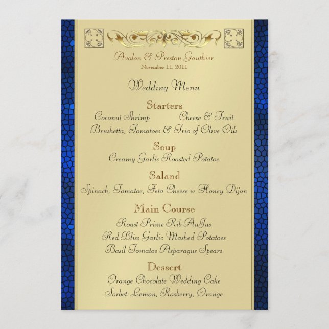 Emperor Blue Scroll Stained Glass Wedding Menu (Front)