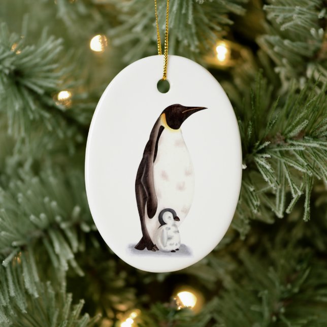 Emperor Penguin and Baby Illustrated Christmas Ceramic Tree Decoration (Tree)