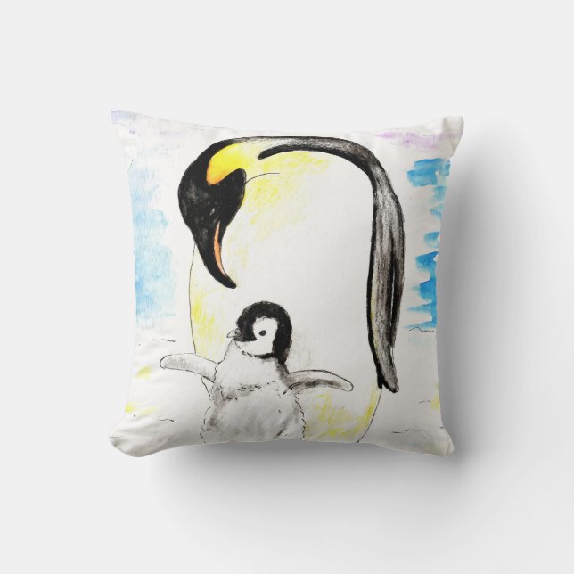Emperor Penguin and Chick Watercolor Painting Cushion (Front)
