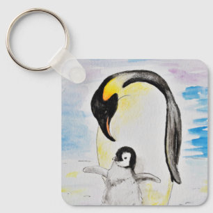 Emperor Penguin and Chick Watercolor Painting Keyc Key Ring