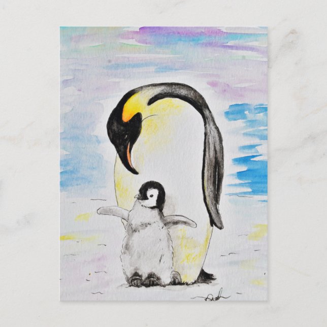 Emperor Penguin and Chick Watercolor Painting Postcard (Front)