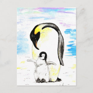 Emperor Penguin and Chick Watercolor Painting Postcard