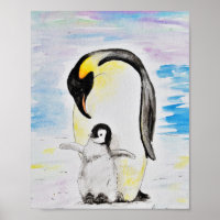 Emperor Penguin and Chick Watercolor Painting