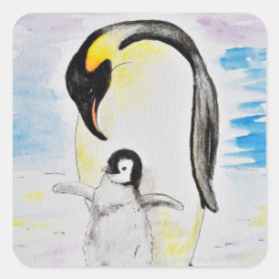Emperor Penguin and Chick Watercolor Painting Square Sticker