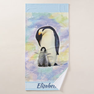 Emperor Penguin with Baby Chick Watercolor Bath Towel Set