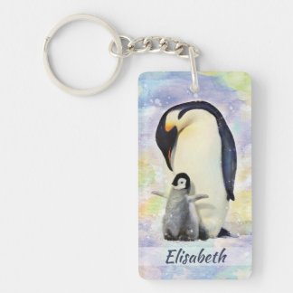 Emperor Penguin with Baby Chick Watercolor Key Ring