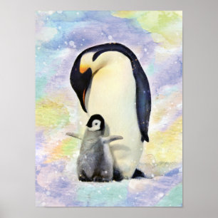 Emperor Penguin with Baby Chick Watercolor Poster