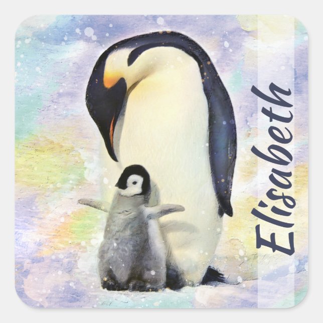 Emperor Penguin with Baby Chick Watercolor Square Sticker (Front)