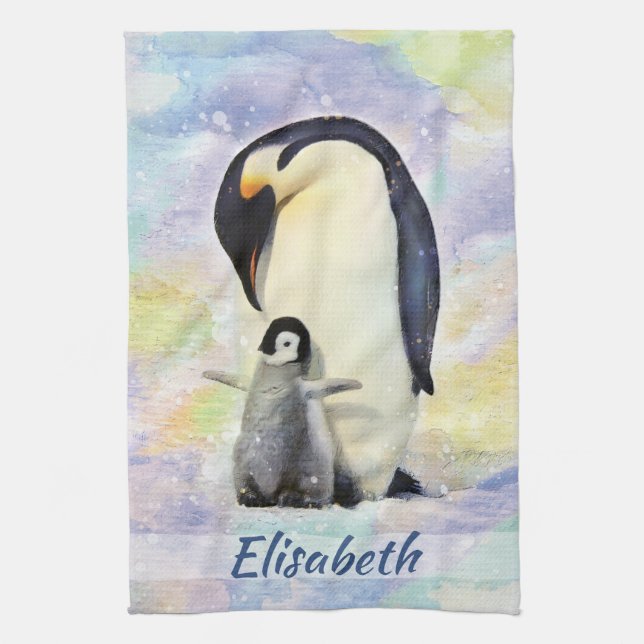 Emperor Penguin with Baby Chick Watercolor Tea Towel (Vertical)