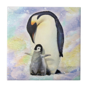 Emperor Penguin with Baby Chick Watercolor Tile