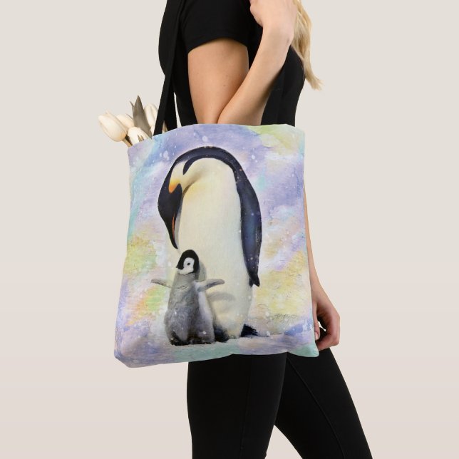 Emperor Penguin with Baby Watercolor Tote Bag (Close Up)