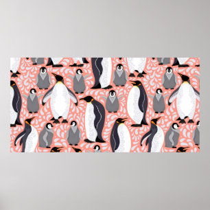 Emperor penguins and their cubs on a pink patterne poster