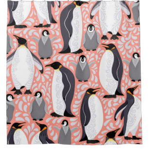 Emperor penguins and their cubs on a pink patterne shower curtain