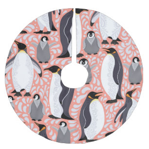 Emperor penguins, cubs, pink decorative pattern. brushed polyester tree skirt