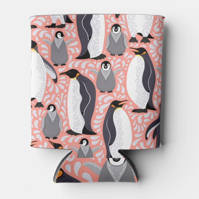 Emperor penguins, cubs, pink decorative pattern. can cooler (Front)