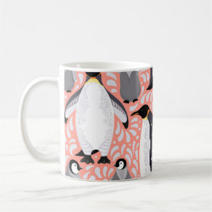 Emperor penguins, cubs, pink decorative pattern. coffee mug