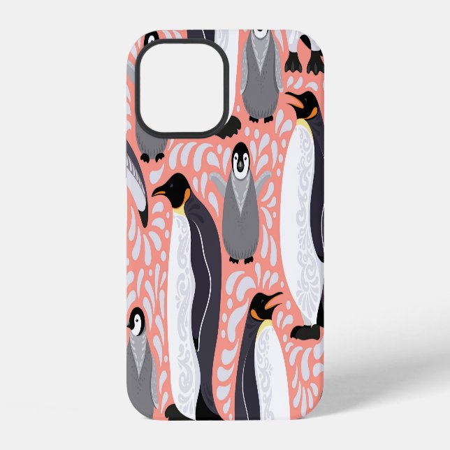 Emperor penguins, cubs, pink decorative pattern. iPhone case (Back)