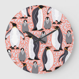 Emperor penguins, cubs, pink decorative pattern. large clock