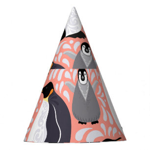Emperor penguins, cubs, pink decorative pattern. party hat