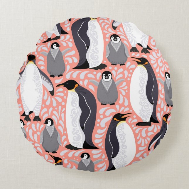 Emperor penguins, cubs, pink decorative pattern. round cushion (Front)