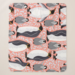 Emperor penguins, cubs, pink decorative pattern. sherpa blanket