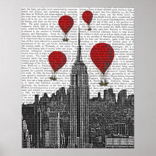Empire State Building and Red Hot Air Balloons Poster