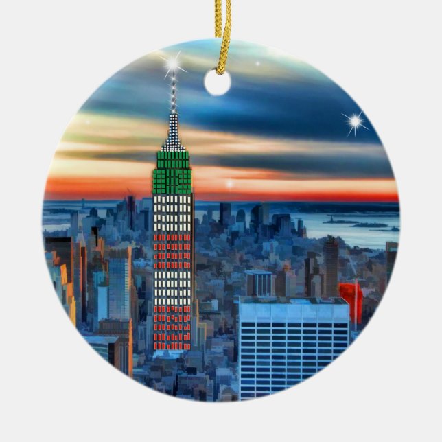 Empire State Building in Holiday Lights Ceramic Tree Decoration (Front)