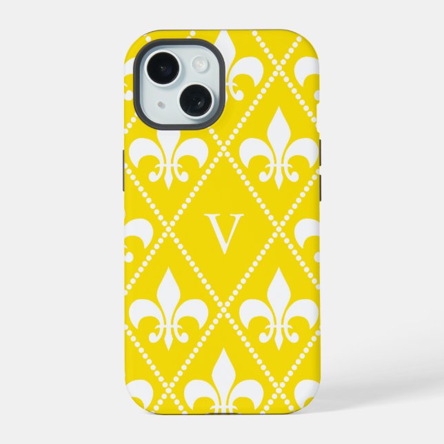 Empire Yellow Fleur de Lis w/ monogram iPhone 15 Case (Back)