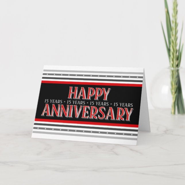 Employee 15th Anniversary Layered Font Red Grey Card (Front)