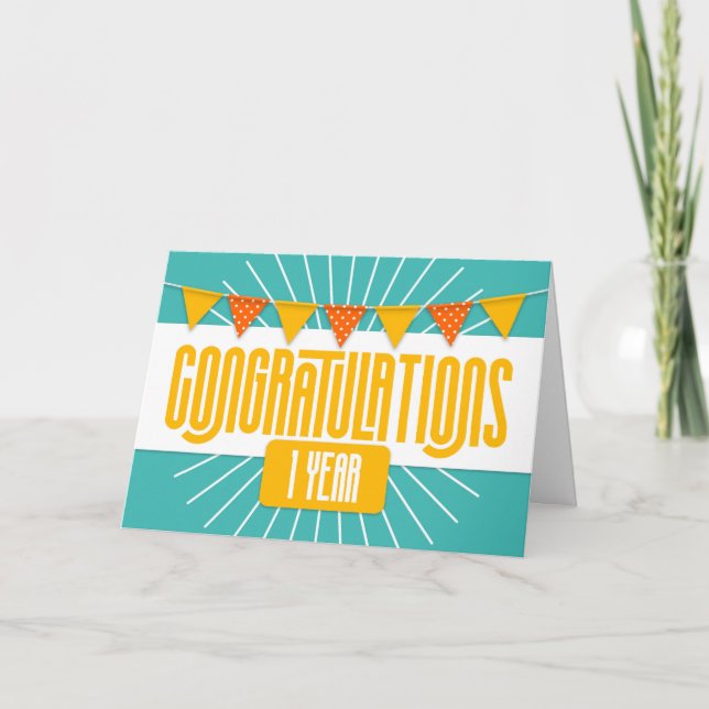 Employee 1st Anniversary Colourful Bunting Card (Front)