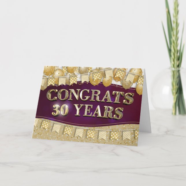 Employee 30th Anniversary Gold Text and Balloons Card (Front)