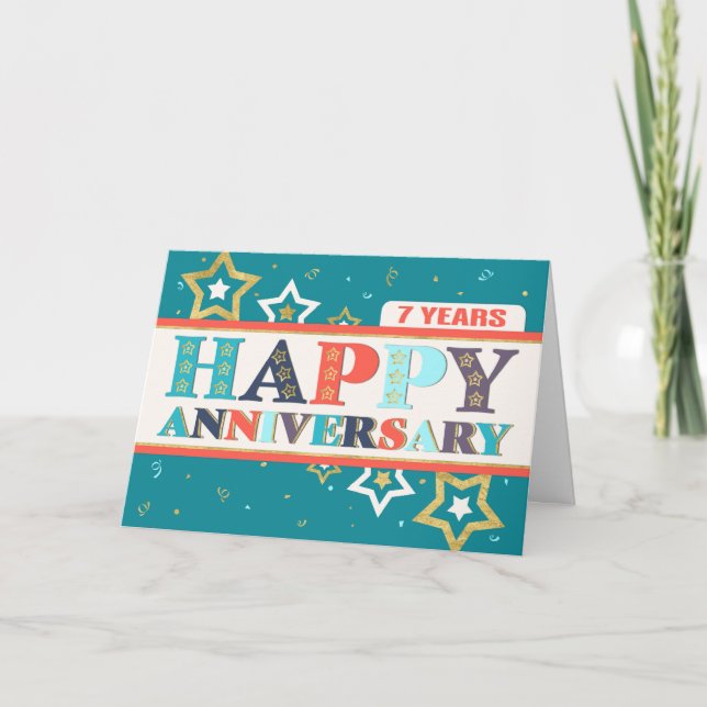 Employee 7th Anniversary Bold Colours and Stars Card (Front)