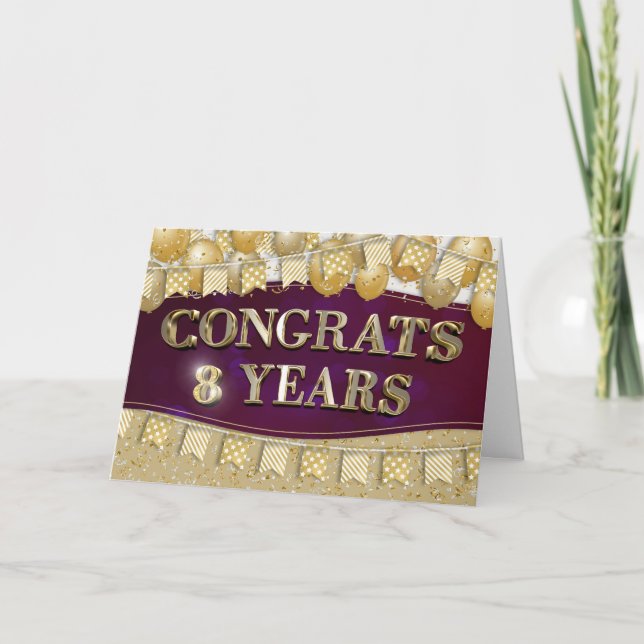 Employee 8th Anniversary Gold Text and Balloons Card (Front)