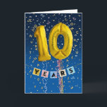 Employee Anniversary 10 Years - Gold Balloons Card<br><div class="desc">The LARGE, 8.5" x 11", version of this card can be found here: https://www.zazzle.com/employee_10th_anniversary_gold_balloon_number_card-256464956892466218 This is a fun employee 10th anniversary card design, featuring the number 10 shown in gold coloured balloons. Each balloon has a flowing curly ribbon attached. The balloons are set against a blue background sprinkled with falling...</div>