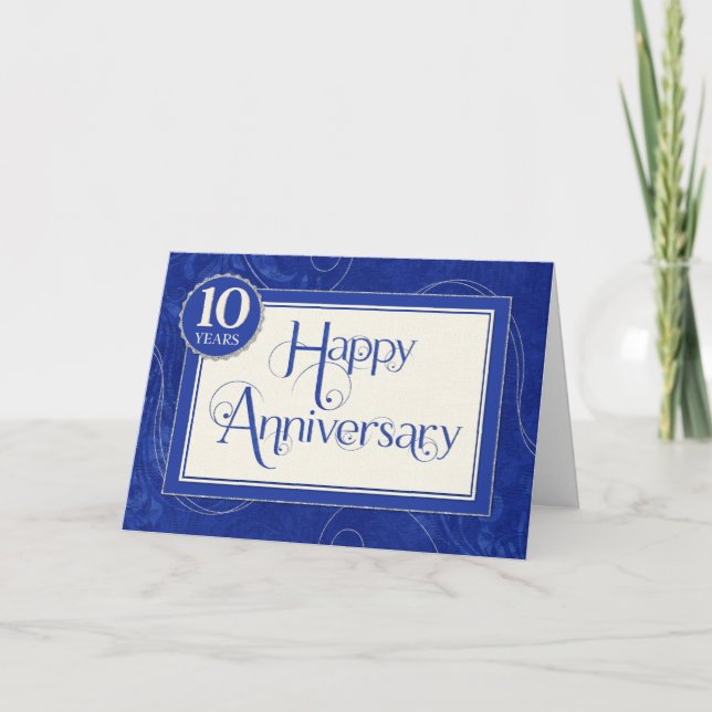 Employee Anniversary 10 Years - Text Swirls Blue Card (Front)