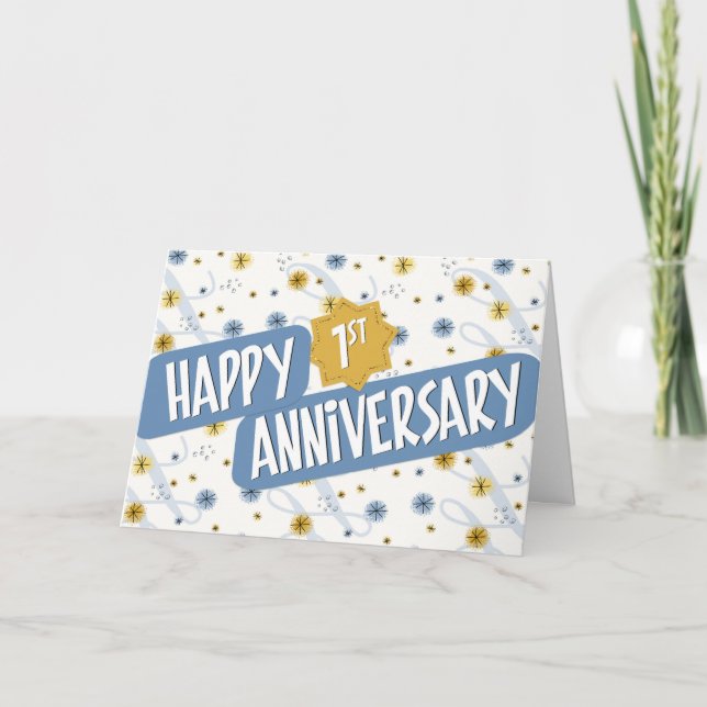 Employee Anniversary 1 Year Blue White Pattern Card (Front)