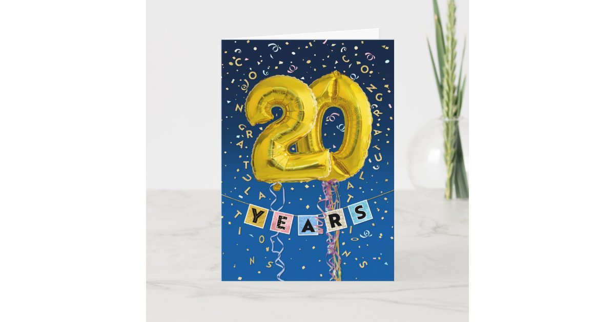 Employee Anniversary 20 Years Gold Balloons Card