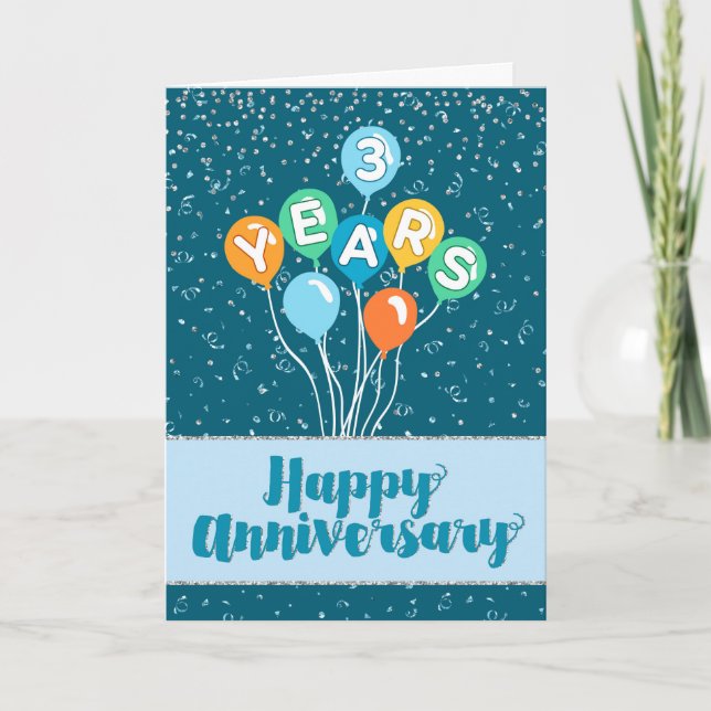 Employee Anniversary 3 Years - Balloons Confetti Card (Front)
