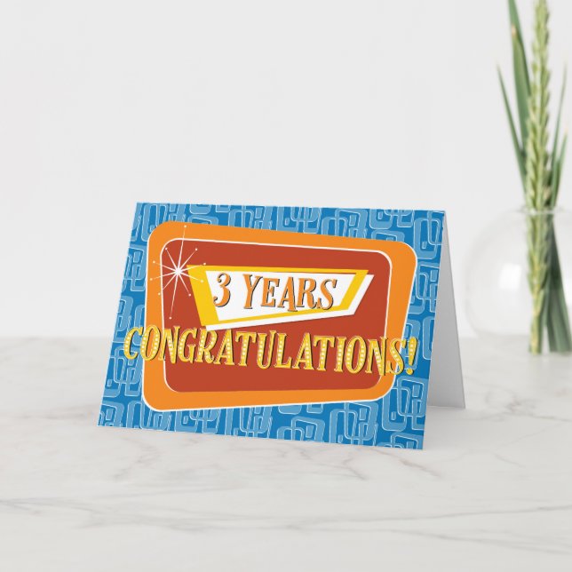 Employee Anniversary 3 Years Retro Blue Red Orange Card (Front)