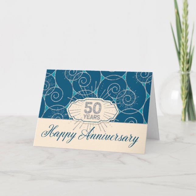 Employee Anniversary 50 Years - Blue Swirls Card (Front)